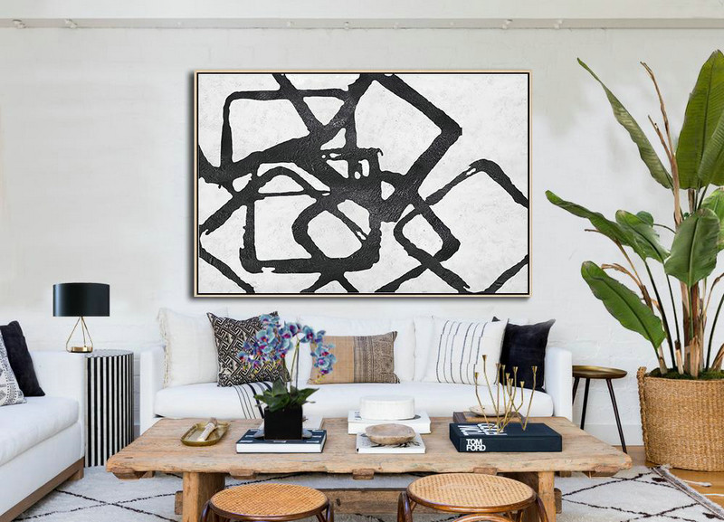 Canvas Wall Paintings,Oversized Horizontal Minimal Geometric Art On Canvas, Black And White Minimalist Painting - Extra Large Paintings